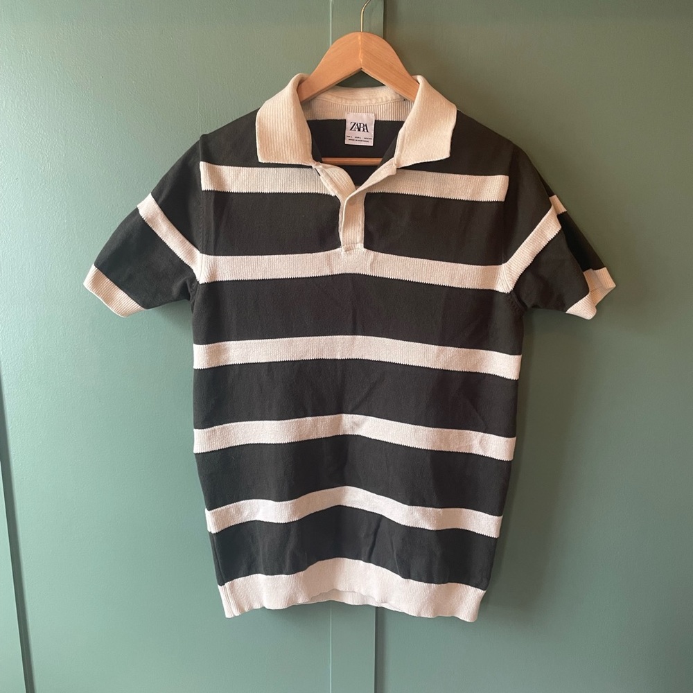ZARA Men’s Green and Cream Striped Polo Shirt - Picture 3 of 8